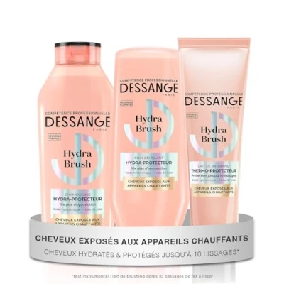 Image de DESSANGE Routine Cheveux Hydra Protectrice Brush Shampoing 280ml + Après 225ml Lait Brushing 140ml Hydrate &amp; Protège La Fibre Exposés Aux Appareils Chauffants