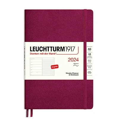 Image de LEUCHTTURM1917 367780 Agenda semainier et bloc notes à couverture souple Format moyen (A5) 2024, 12 mois, Port Red, en anglais