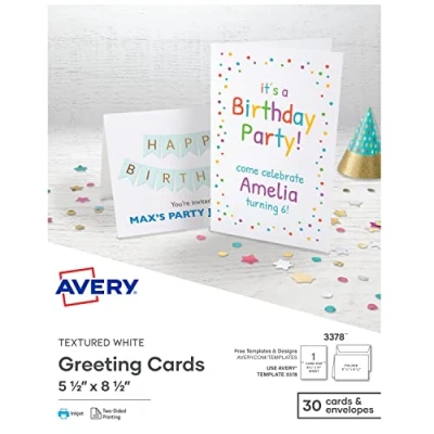 Image de AVERY cartes de vœux imprimables, à moitié pliées, 14 x 21,6 cm, blanc texturé, 30 vierges avec enveloppes (3378)