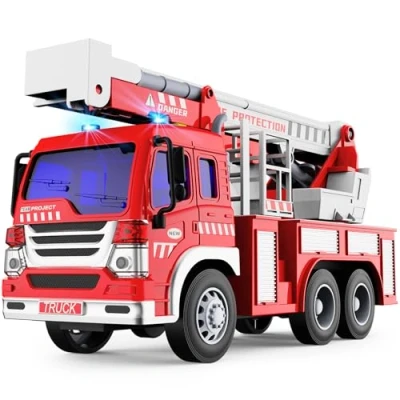 Image de GizmoVine Camion de Pompier Véhicule avec Lumières Sons, éChelle Rotative Sauvetage Extensible Construction Jouets Recul Jouet