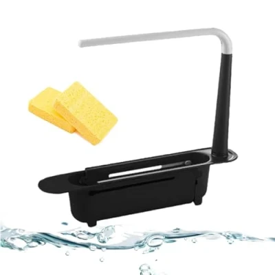 Image de Vgpbphj Telescopic Sink Storage Rack, Prosperousk Organizer, Updated Adjustable Organizer Tray, Drainer Tray with Sponge Holder &amp; Dishcloth Hanger (Black)