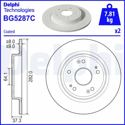 Image de DELPHI Disque de frein HONDA: Civic XI 3/5 portes 282mm 9mm 5 plein revêtu BG5287C Disques frein,