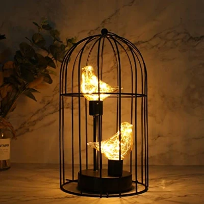 Image de JHY DESIGN Lampe décorative en forme de cage à oiseaux sans fil piles avec guirlande lumineuse blanc chaud pour intérieur, chambre coucher, salon, maison, mariage, Noël (noir)