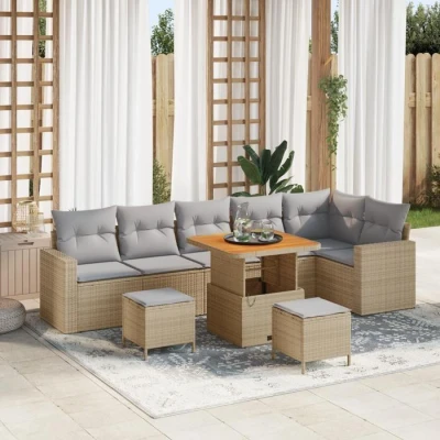 Image de Ensemble de Canapé Jardin 9 Pièces avec Coussins Beige Rattan Poly Acacia, Dîner 3 3361632