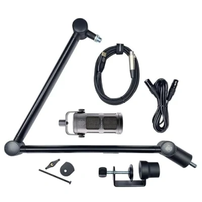 Image de Pack de diffusion vocale gris Micro, perche et Câbles Kit complet pour podcast, diffusion, streaming, jeux VC USB XLR Plug &amp; Play Microphone garanti à vie Conçu