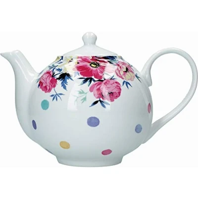 Image de Mikasa Clovelly Théière Blanche avec Motif à Pois et Fleurs Multicolores, en Porcelaine, Blanche, 1 litre