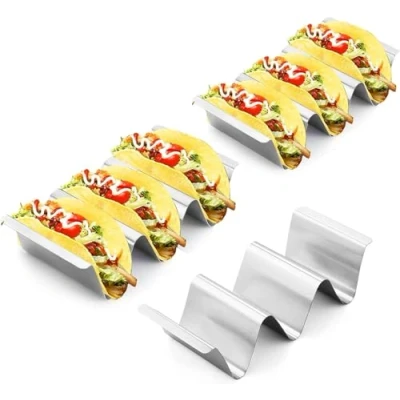 Image de Lot de 6 supports à taco en acier inoxydable avec poignées, peut contenir jusqu&#039;à 3 tacos pour une utilisation au restaurant et la maison