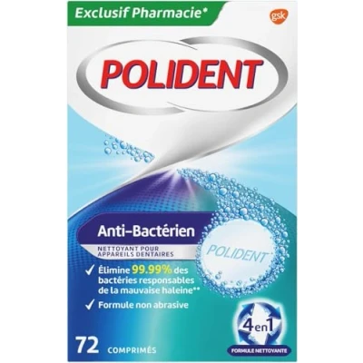 Image de Polident Nettoyant Antibactérien, Pour Prothèses Dentaires Partielles ou Complètes, Formule Non Abrasive, 72 Comprimés