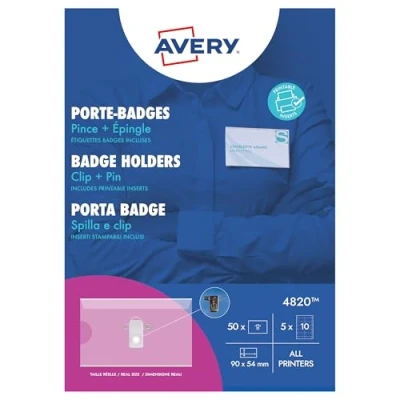 Image de AVERY Porte badges Combi Pince et Epingle 50 Inserts Inclus Format 90 x 54 mm Impression Laser Jet d&#039;encre