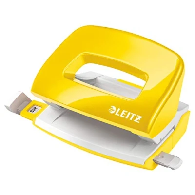 Image de Leitz Mini Perforateur, 10 Feuilles, Réglette de Guidage avec Marquages des Formats, Métal, WOW, 50601016 Jaune