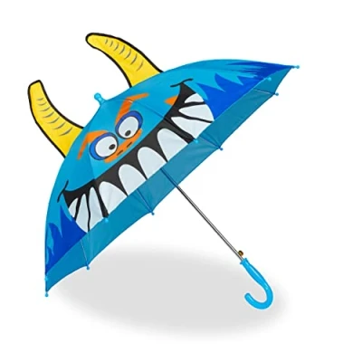 Image de Relaxdays Parapluie Enfant, Motif Petits Monstres, Protection Anti Pluie, diamètre 78 cm, poignée Canne, Bleu