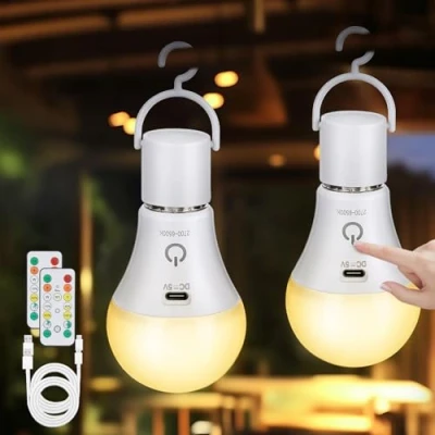 Image de Kimjo Ampoule Rechargeable avec Telecommande sans Electricite 3 Couleur Dimmable USB 7W Fil E27 Tactile sur Batterie Timing De Secours 2 Pack