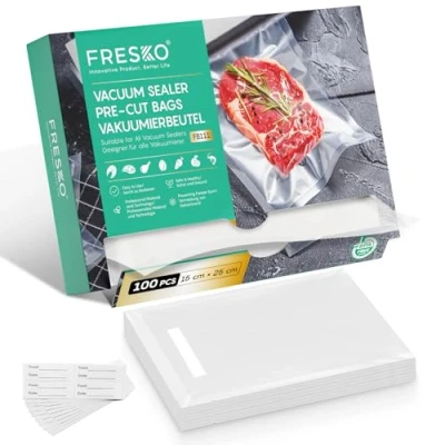 Image de FRESKO Sacs Sous Vide Alimentaire Gaufrés, 15x25 cm 100 Sachets, Commerciaux sans BPA, Conservation, Congélation et Cuisson, adaptés à Toutes les Machine Vide, Réutilisable, Transparent