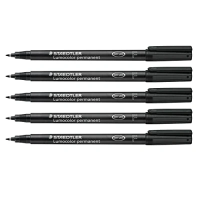 Image de Staedtler Feutre Lumocolor permanent, résistant à l&#039;eau et l&#039;effacement sur presque toutes les surfaces, largeur de ligne F 0,6 mm, rechargeable, longue durée vie, 5 feutres noirs universels