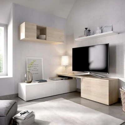 Image de Dmora Mur équipé Baker, Set modulaire d&#039;angle, Meuble Salon Porte TV Multipositions, 201 x 41 H 180 cm, Blanc et chêne