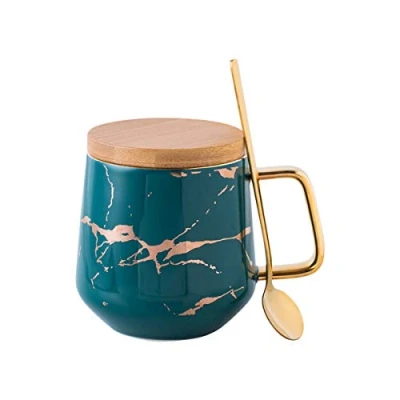 Image de YBK Tech Ensemble de tasses à thé en porcelaine pour l&#039;après midi Motif marbre (bleu, 400 ml + couvercle bois)