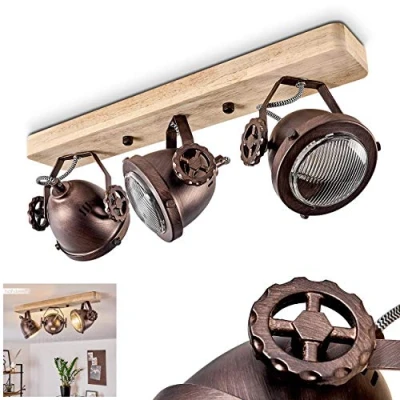 Image de Plafonnier Herford en bois, verre &amp; métal cuivré, 3 spots de plafond retro industriels pivotants, luminaire idéal dans un salon vintage, pour ampoule GU10, ampoule(s) non incluse(s)