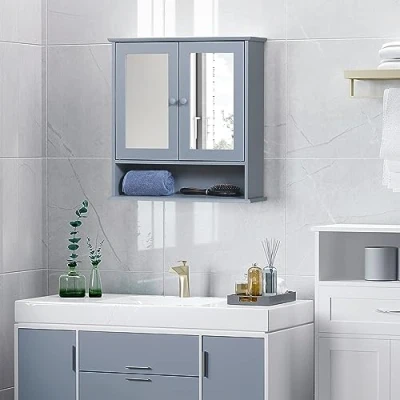 Image de HOMCOM kleankin Armoire Murale étagère Salle de Bain 56L x 13l 58H cm Double Porte Miroir réglable MDF Gris