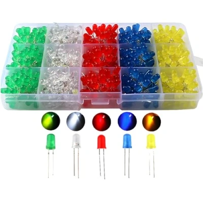 Image de CESFONJER 500 pcs x 5mm diode électroluminescente, diffusé 2pin rond couleur blanc/rouge/jaune/vert/bleu Kit boîte (5 couleurs 100pcs)