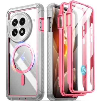 Image de Poetic Guardian coque pour OnePlus 13 5G, protection d&#039;écran intégrée [fonctionne avec identification d&#039;empreintes digitales], [2 cadres avant] intégrale antichoc transparente, rose/transparent