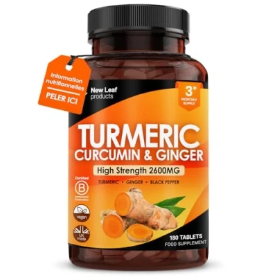 Image de New Leaf 180 Comprimés de Curcuma avec Gingembre et Poivre Noir, Complément Actif 2 600 mg, 95% d&#039;Extrait curcumine, (3 Mois), Haute Concentration