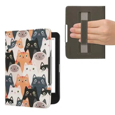 Image de kwmobile Étui Compatible avec Kobo Clara BW/Colour Coque à Rabat magnétique Tablette eReader Similicuir Sangle Orange Noir Blanc