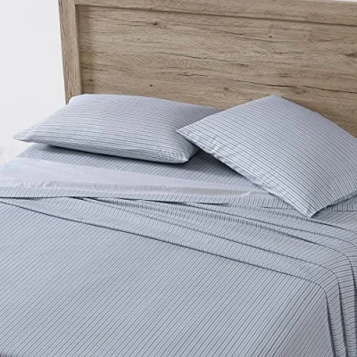Image de Eddie Bauer Parure de lit en Percale Coton, croustillante et fraîche, décoration d&#039;intérieur élégante, Motif à Rayures Bleu Clair/Bleu Denim, jumeau