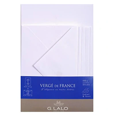 Image de Lalo 61450L Un ensemble de correspondance comprenant 10 feuilles A5 100g et 5 enveloppes gommées doublées 11,4x16,2 cm, Vergé France, Extra blanc