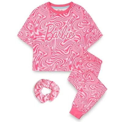 Image de Barbie Ensemble de Pyjama Filles Enfants ondulé Partout imprimé Rose à Manches Courtes Jambe Longue Graphique Bundle avec Chouchou Poupée Jouet vêtements Complet Assorti Nuit
