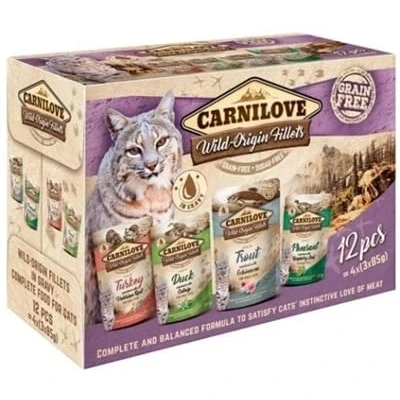 Image de Carnilove Chat Multipack Filets d&#039;origine Sauvage Pack de 4 x 12 85 g Aliment Complet pour Chats Plaisir à partir Quatre Saveurs avec 85% Viande