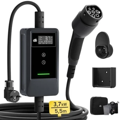 Image de dé Chargeur Voiture Electrique 3,7kW 5,5m [0,85m+4,65m, 6A 16A] Cable Recharge Type 2 avec Support Mural, Numérique LCD, Compatible Model Y, E 208, 500e et Autres EV/PHEV