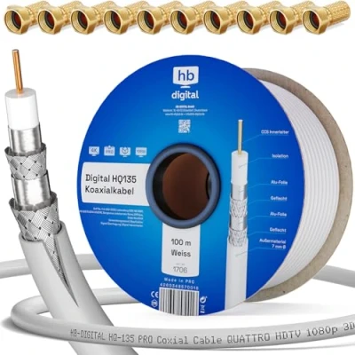 Image de HB DIGITAL 100m Câble Coaxial HQ 135 d&#039;Antenne 135dB Sat 8K 4K UHD 4 Fois Blindé pour Les Systèmes DVB S / S2 C C2 T T2 Dab+ Radio BK + 10 F Plug Gratuit