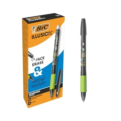 Image de BIC Illusion Stylos Bille Effaçables et Rechargeables à Pointe Moyenne (0,7 mm) Noir, Boîte de 12