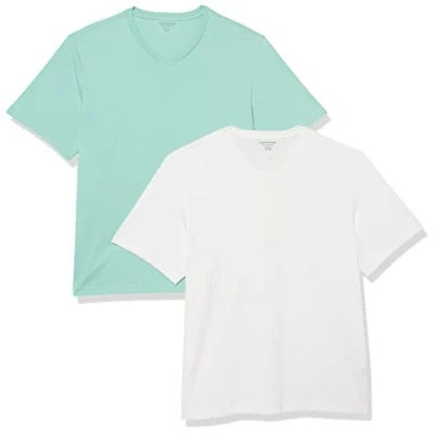Image de Amazon Essentials T shirt à manches courtes et col en V, coupe classique (grandes tailles disponibles) Homme, Lot de 2, Blanc/Bleu des Mers du Sud, M