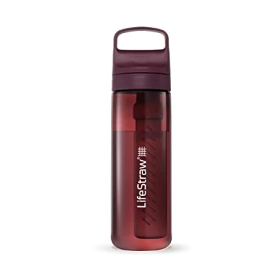 Image de LifeStraw Go Series Gourde filtrante sans BPA 650ml pour les voyages et l’usage quotidien. Élimine bactéries, parasites microplastiques. Améliore le Goût, Merlot Away (rouge)