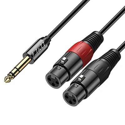 Image de J&amp;D 6,35mm TRS vers 2 XLR Microphone Câble, écalé Unbalanced Femelle à 6.35mm Mâle Audio Stéréo Adaptateur de Patch Câble Interconnexion pour Speaker,Mic,Mixer,AMP, 2,7 Meter