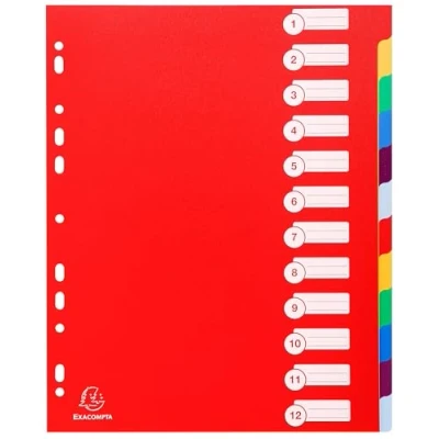 Image de Exacompta Réf. 4812E Carton de 15 Intercalaires polypropylène rigide opaques avec 12 onglets neutres Premier index imprimé Format à classer A4 maxi Couleurs vives assorties