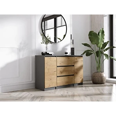 Image de 3E 3xE living.com Commode avec 2 Portes, 3 tiroirs Anthracite &amp; chêne Lancelot, L: 120 cm, H: 79 P: 39 cm