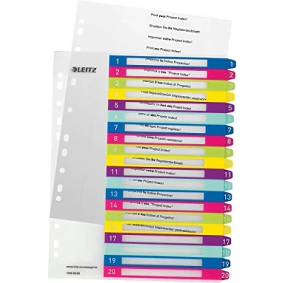 Image de Leitz WOW 12450000 Lot de 6 intercalaires A4 avec couverture inscriptible sur PC et 20 intercalaires, onglets chiffres imprimés 1 à 20, surdimensionnés, multicolores, en polypropylène
