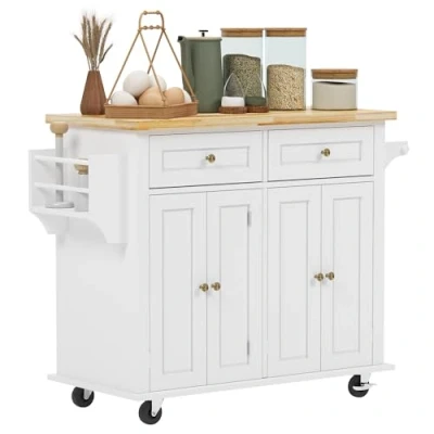 Image de SogesHome Chariot de Cuisine avec Rangement et Buffet roulettes Bar Grand comptoir Porte Serviettes étagère à épices 2 tiroirs armoires Portes Blanc érable