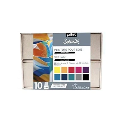 Image de Pébéo Setasilk Coffret Collection Kit Peinture sur soie 10 Flacons Bouchon Pipette de 45 ml Assortis + 2 Gutta à l&#039;eau 20 Accessoires