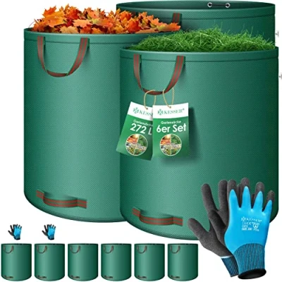 Image de KESSER® Sacs de jardin 6x 272L Set Sac à feuilles déchets + gants Autonome 4 poignées Stable Robuste pliable Tontes gazon pour Vert