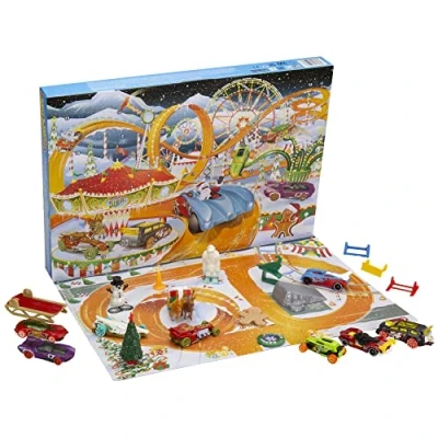 Image de Hot Wheels Calendrier de l’Avent, avec 8 véhicules sur Le thème des fêtes, Accessoires Assortis et Un Tapis Jeu, Jouet Enfant, HCW15