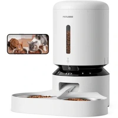 Image de PETLIBRO Distributeur Croquettes 2 Chat avec 1080P Camera, 5G et 2.4G WiFi Mangeoire Automatique pour Animaux Bols en Acier Inoxydable, Gamelles Chats ou Chiens, Connecté App, Blanc