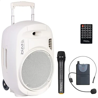 Image de Ibiza PORT12UHF WH MKII Enceinte portable de 12/700W MAX avec 2 micros (UHF), télécommande et housse protection Bluetooth, USB, SD Autonomie 5 à 7h Blanc