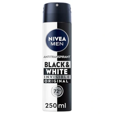 Image de NIVEA MEN déodorant Spray Black &amp; White Invisible (1 x 250 ml), homme anti traces blanches et jaunes, transpirant odeur humidité, protection efficace 72 h, sans alcool