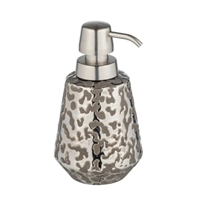 Image de WENKO Distributeur de Savon Burgos en céramique avec Jeu Motifs Brillant, Rechargeable pour Le Savon, Embout pompage à l&#039;aspect d&#039;acier INOX, Gris Marron/Platine, Ø9,1x15cm, 350 ML