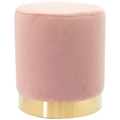 Image de Shally Dogan Pouf en velours avec base métal et structure MDF, design moderne, repose pieds forme cylindrique, tabouret rond assise rembourrée douce, mobilier intérieur (rose)