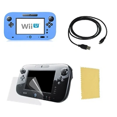 Image de Pack 3 en 1 Nintendo Wii U Gamepad : Housse silicone Bleu Chargeur USB 3.0 Protection écran