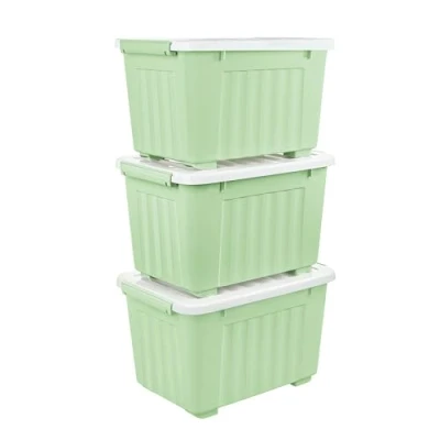 Image de Cetomo Lot de 3 boîtes rangement en plastique 35 l x cm, vertes, avec couvercle durable et boucles verrouillage sécurisées, empilables emboîtables, boucle